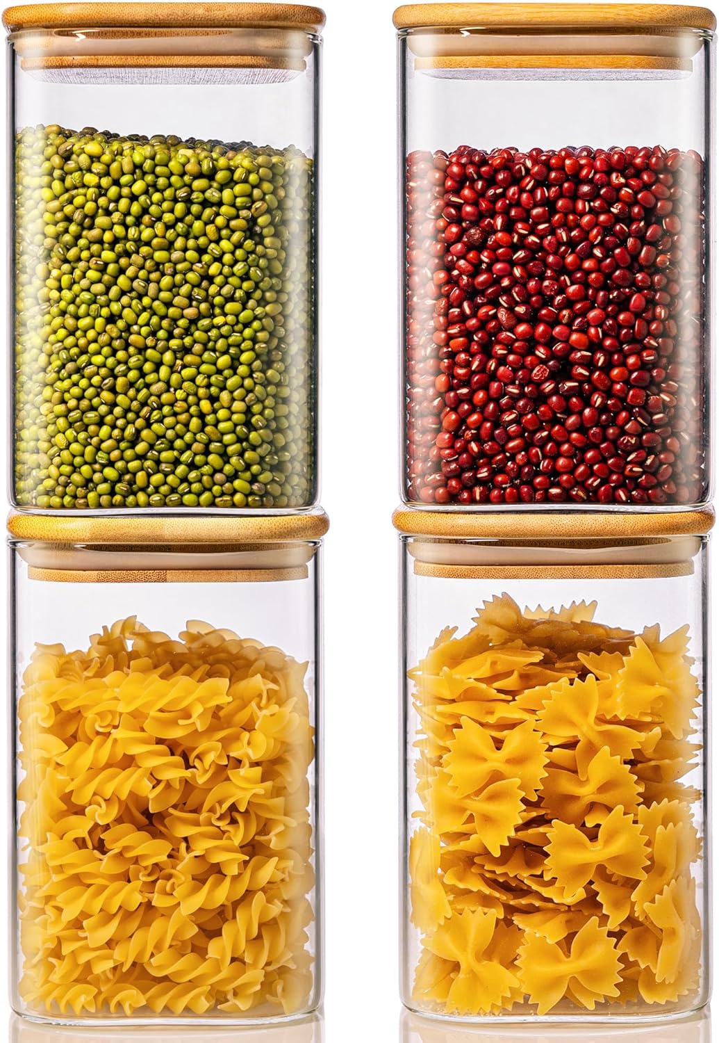 42oz - 4 Pack Square Glass Jars with Bamboo Lids, Glass Food Storage Containers with Airtight Lids