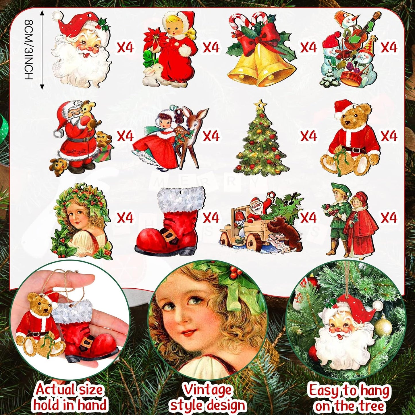 48 Pcs Victorian Style Wood Christmas Tree Ornaments - Hanging Vintage Decorations With Santa Claus