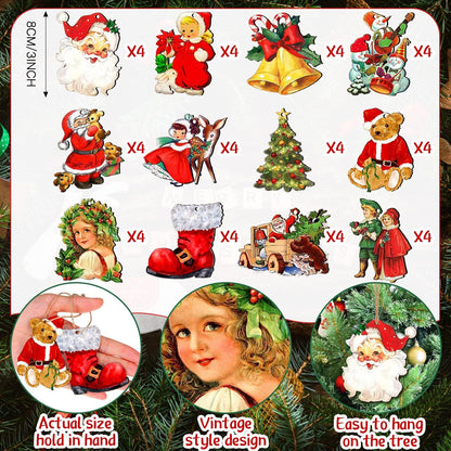 48 Pcs Victorian Style Wood Christmas Tree Ornaments - Hanging Vintage Decorations With Santa Claus