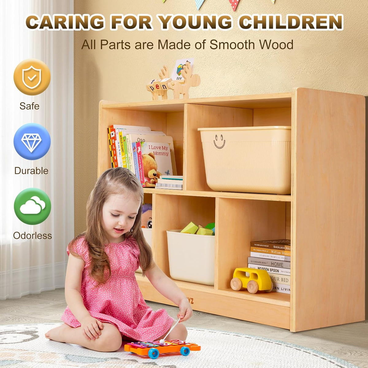 wingyz Wood Storage Shelf Organizer, 35.4" L, 5-Section Montessori Kids Toy & Book Shelf, Wooden