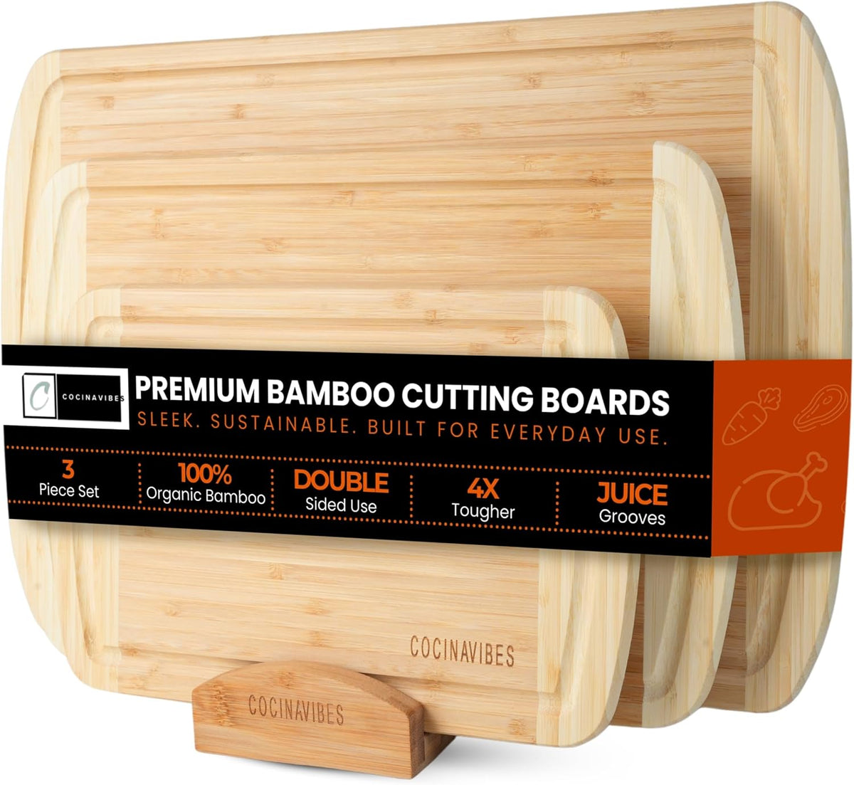 Bamboo Cutting Board Set – Charcuterie & Chopping Boards for Kitchen, Large & Small Sizes, Safe