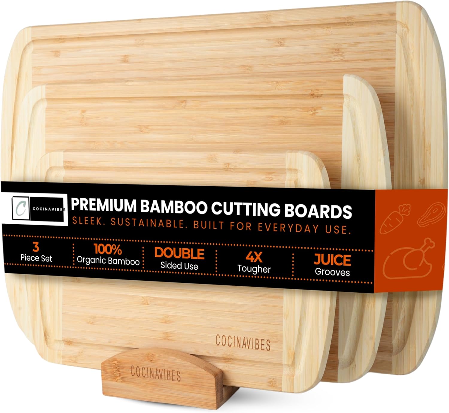 Bamboo Cutting Board Set – Charcuterie & Chopping Boards for Kitchen, Large & Small Sizes, Safe