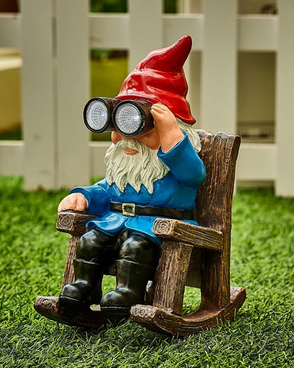 Solar Garden Gnome Statues Resin Gnome Figurines Sitting on Rocking Chair Outdoor Telescope Gnome