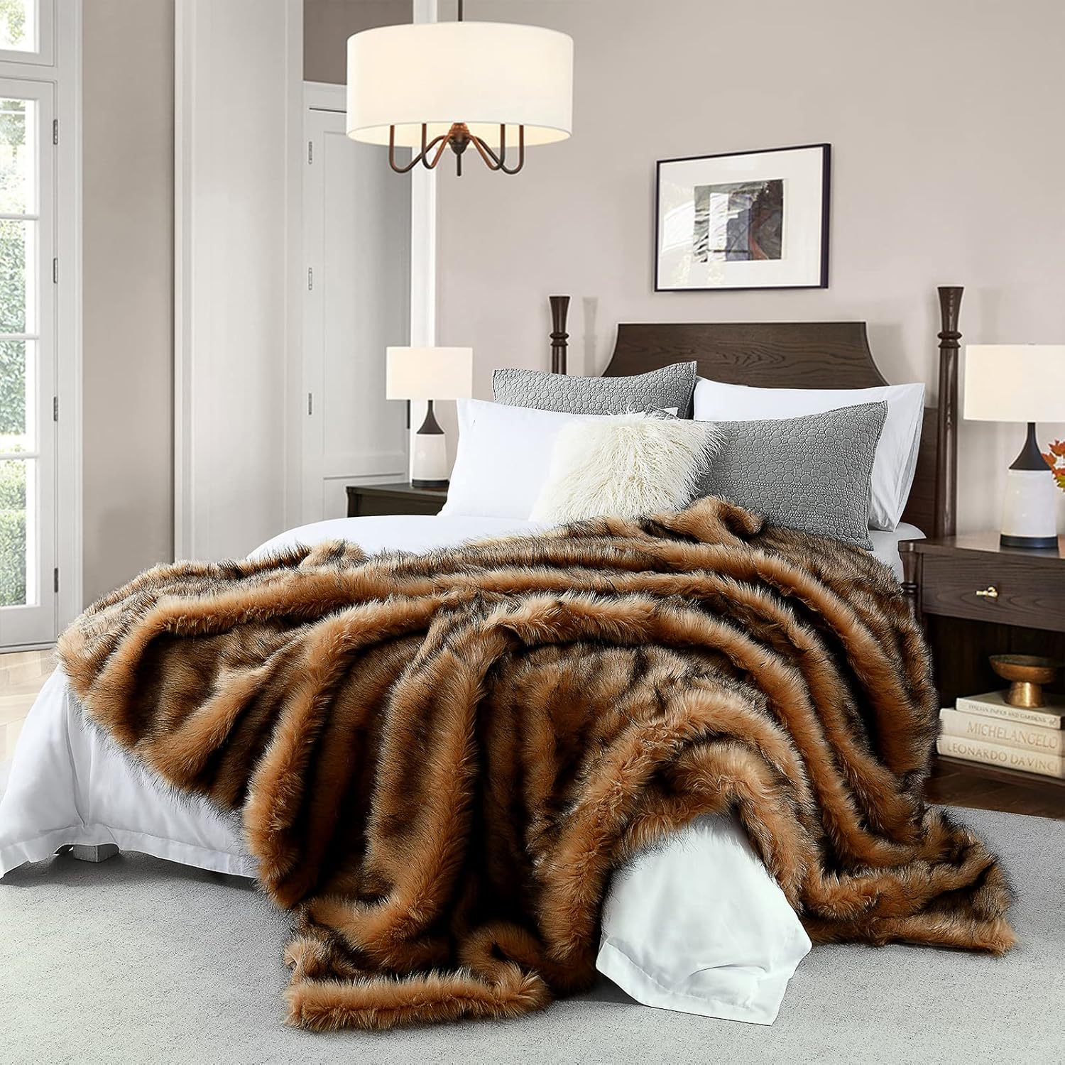 Luxury Plush Faux Fur Blanket King Size, Long Pile Brown with Black Tipped Throws, Oversized Super