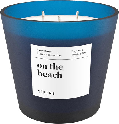 Hidden Label Large Scented Candle, On The Beach, 30oz 3 Wick Huge Candle, Serene Collection Slow