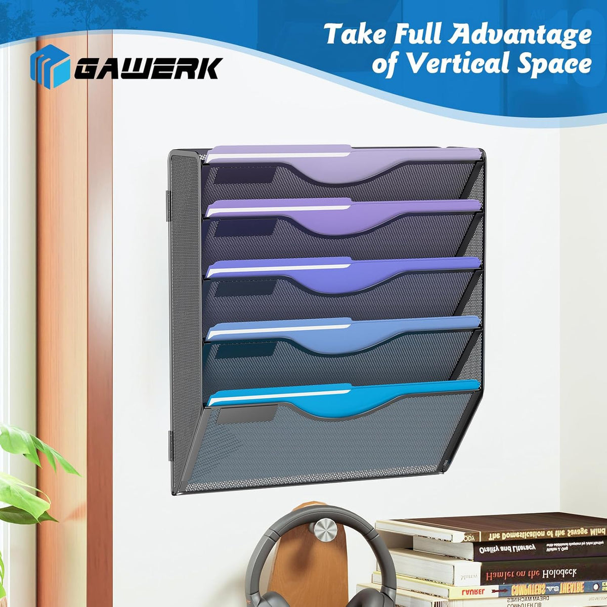 5 Tier Hanging Wall File Organizer, Mesh Mail Paper Orgnization Hanging File Folder Holder for Home