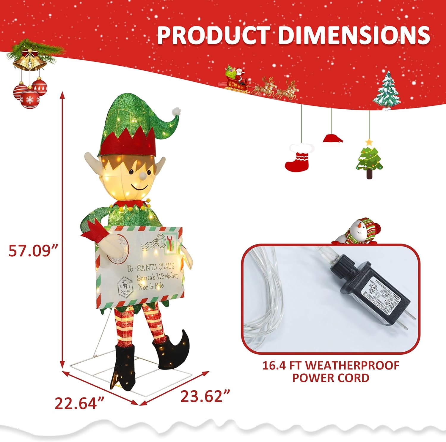4.8FT Lighted Elf with Envelope Outdoor Christmas Decoration, 3D Pre-Lit Elf Decor with 100 LED