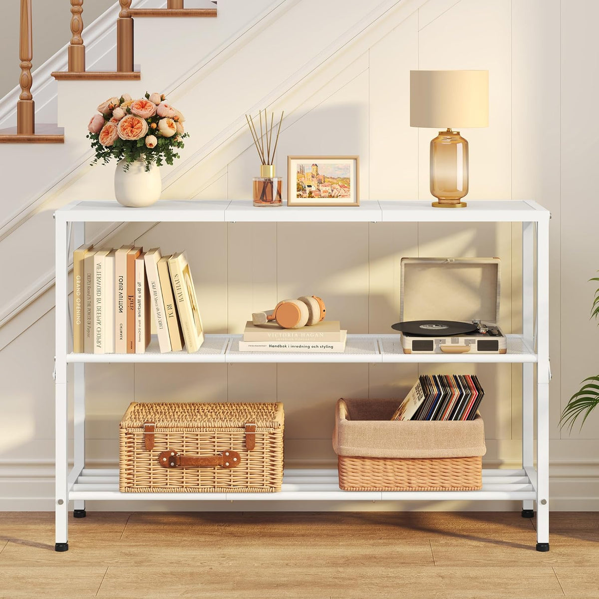 Hoctieon White Industrial Console Table, 3 Tier Entryway Tables, Hallway Desk, Narrow Sofa Tables
