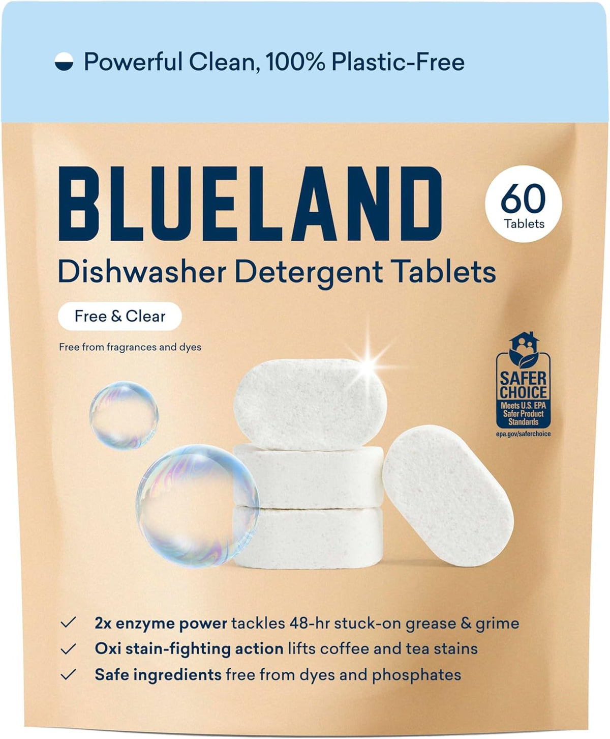 BLUELAND 100% Plastic-Free Dishwasher Detergent Tablets, 60 Count, Free & Clear, Eco-Friendly