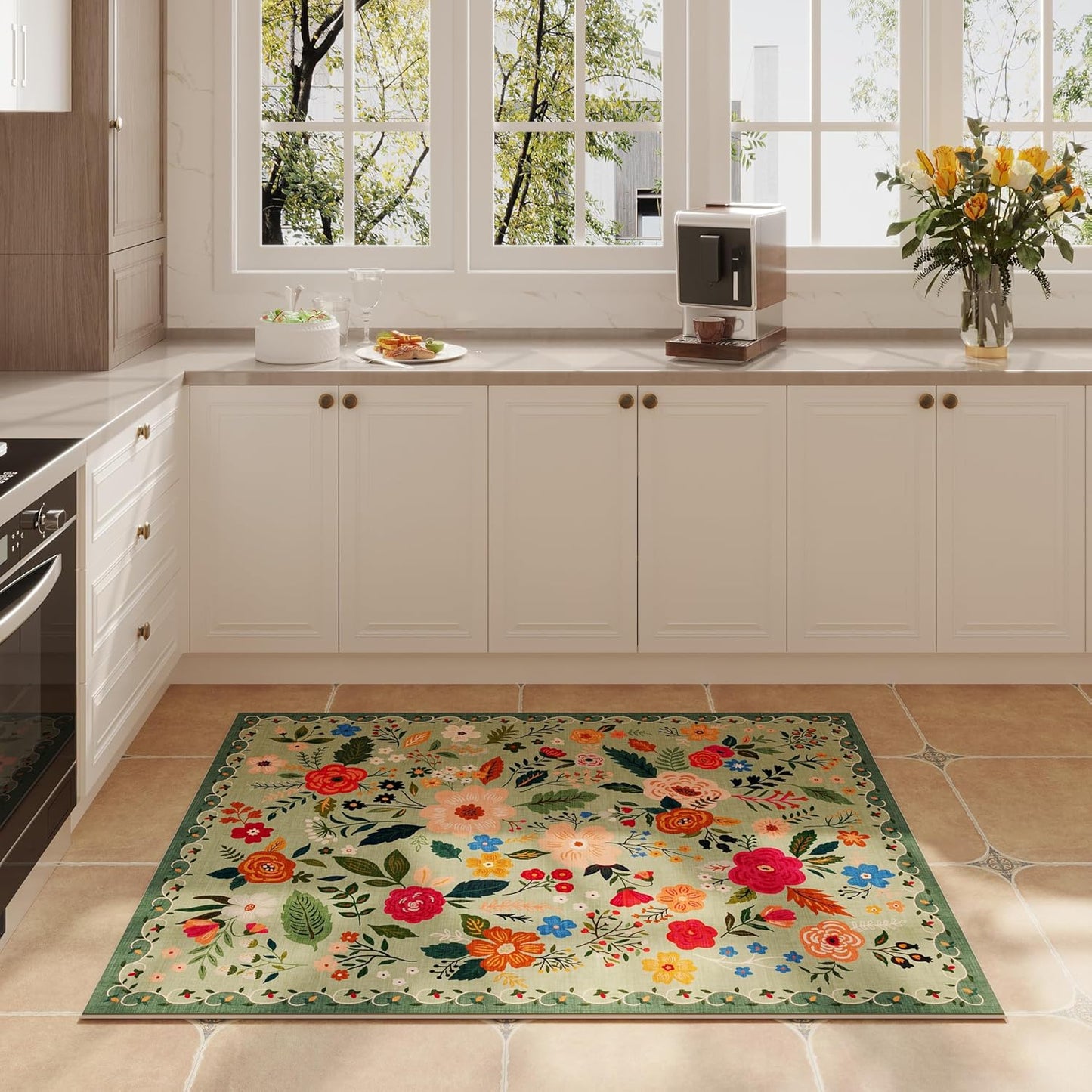 Door Mat Indoor Entrance 2x3 Rug Machine Washable Boho Floral Small Area Rug Non-Slip Low Pile