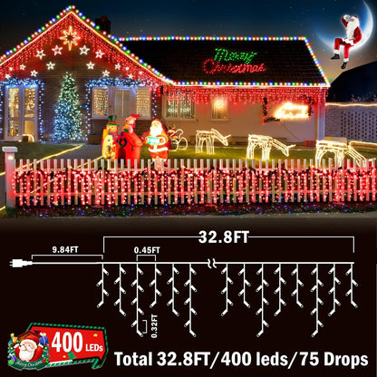 KNONEW Christmas Lights Outdoor Decorations 400 LED 33ft 8 Modes Curtain Fairy String Light with 75