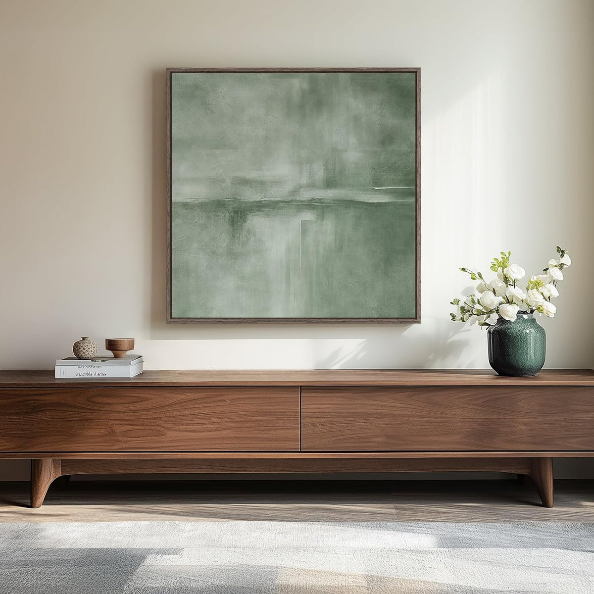Framed Sage Green Abstract Wall Art, Modern Canvas Prints Artwork for Walls, Square Minimalist All