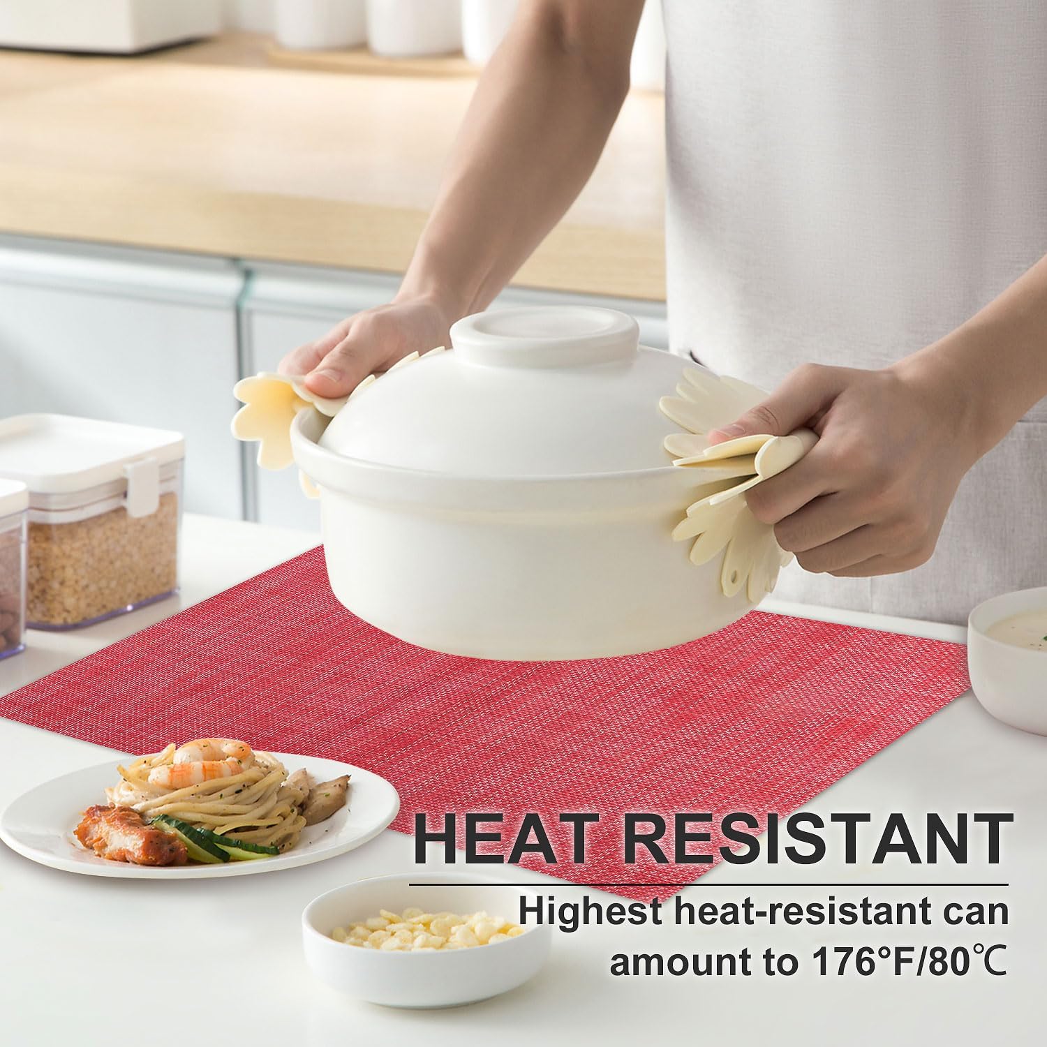 Vinyl Placemats Set of 4, PVC Woven Washable Non-Slip Table Mats, Heat Resistant Wrinkle Free Place