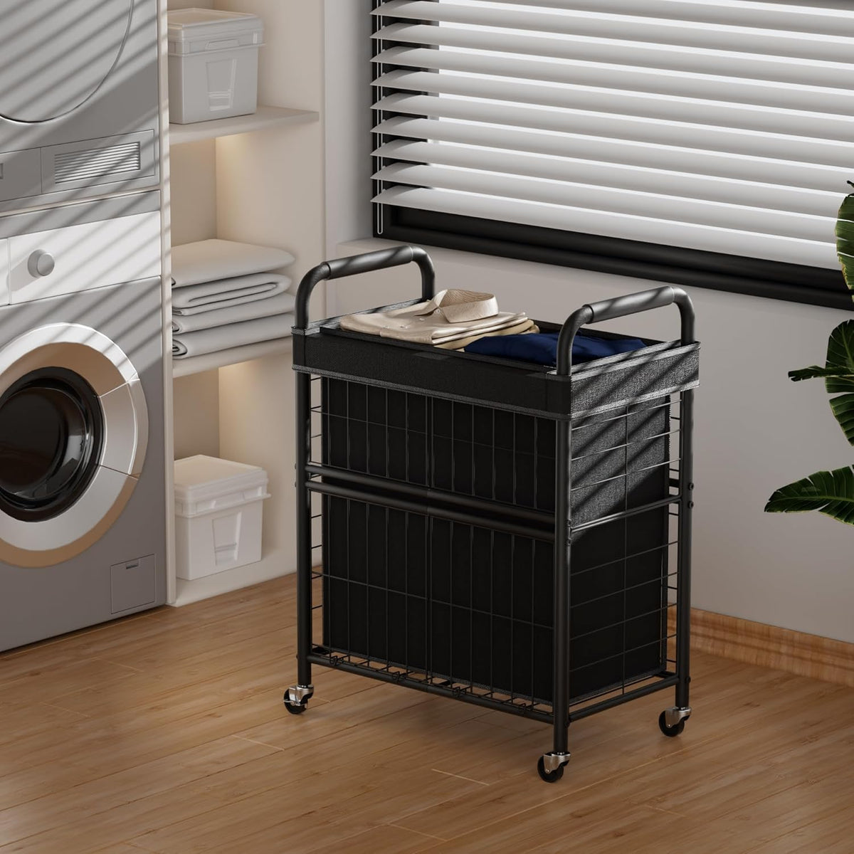 Laundry Hamper 2 Section, 110L Rolling Laundry Sorter Basket with Wheels, 2 Compartment Clothes