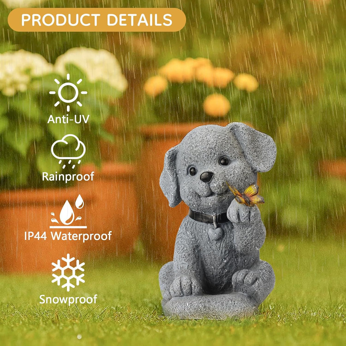 Solar Puppy Dog Garden Decor - Cute Pet Memorial Statue, Auto On/Off LED Light, Weatherproof Resin