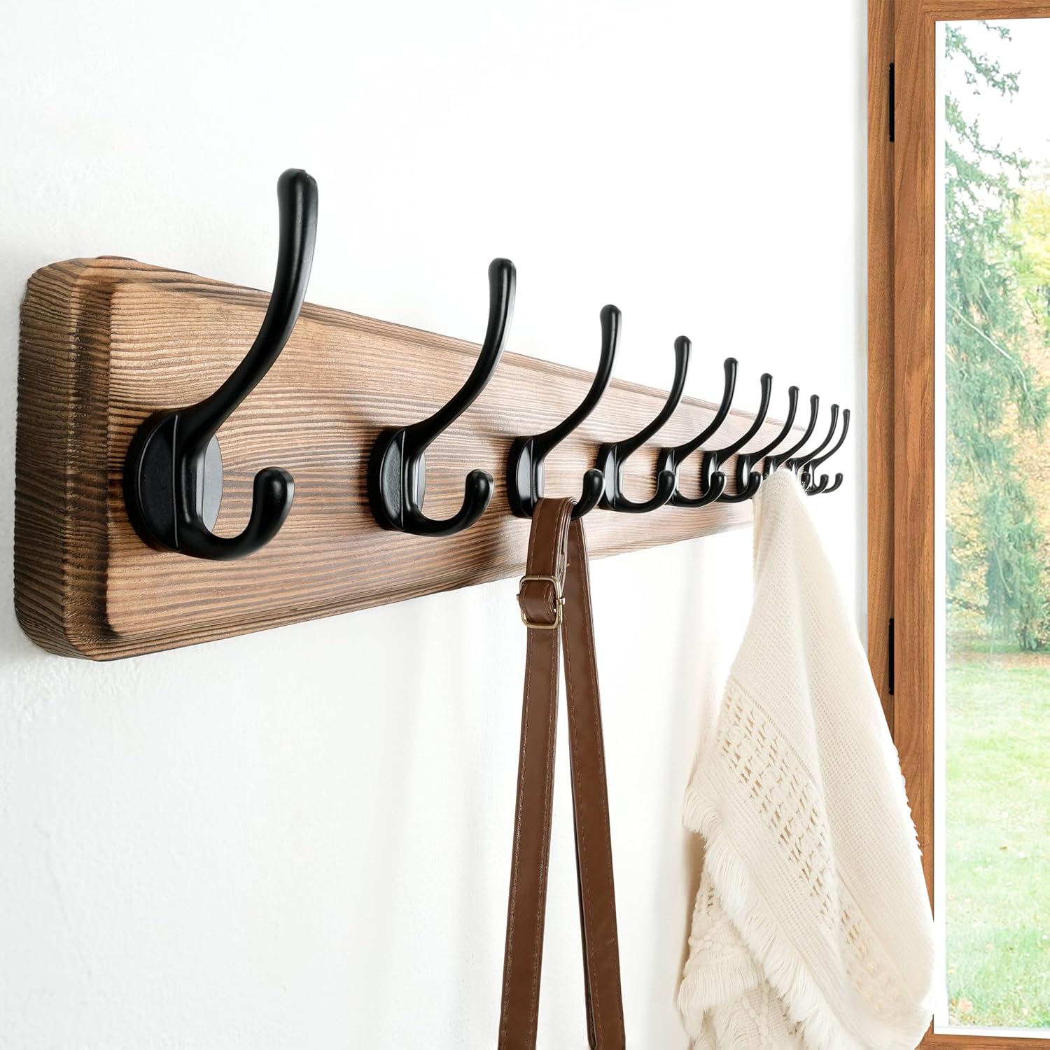Dseap Wall Mounted Coat Rack: 38-1/4" Long, Patented, Heavy-Duty, 10-Double-Hooks Wooden Hanger