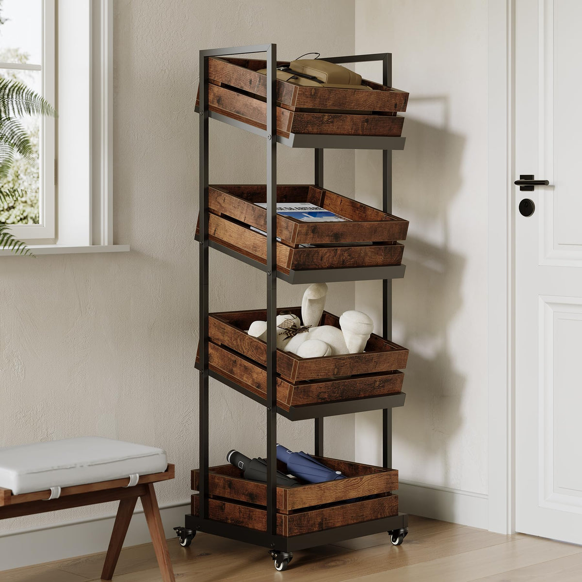 LITTLE TREE 4-Tier Basket Stand with Locked Wheels, Mobile Fruit and Vegetable Storage, Floor Stand