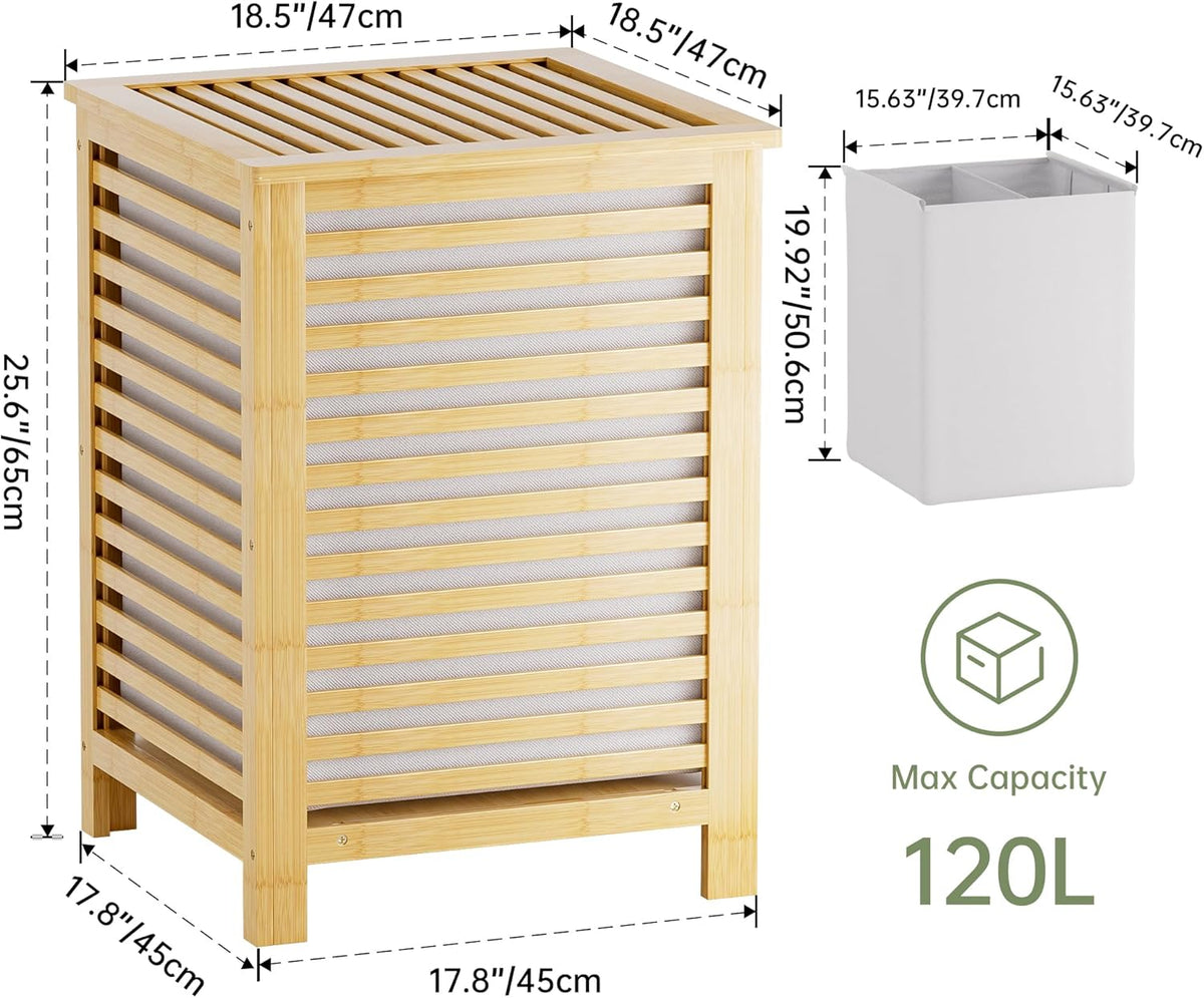 SMIBUY Double Laundry Hamper with Lid, 120L Bamboo Laundry Basket with Removable Liner Bag