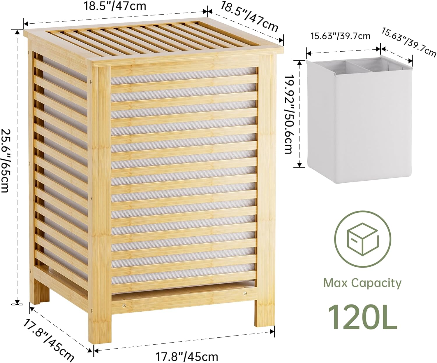 SMIBUY Double Laundry Hamper with Lid, 120L Bamboo Laundry Basket with Removable Liner Bag