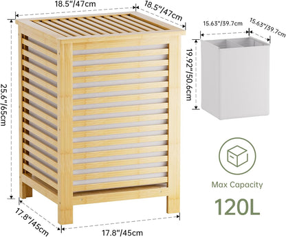 SMIBUY Double Laundry Hamper with Lid, 120L Bamboo Laundry Basket with Removable Liner Bag
