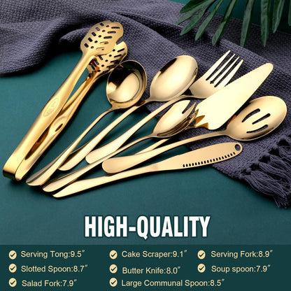 Gold Serving Utensils, OGORI 8-Piece Polished Stainless Steel Flatware Silverware Set Include