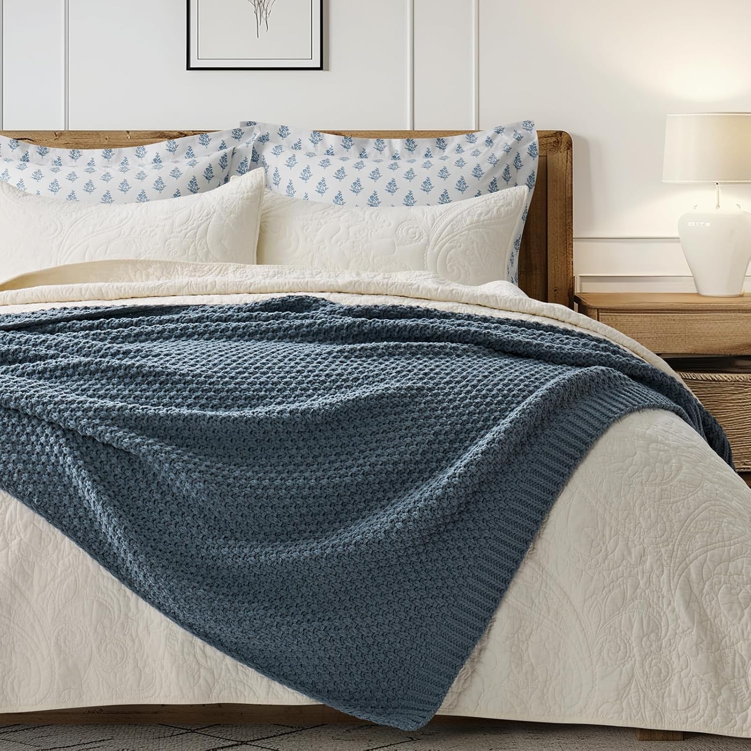 Chunky Chenille Knit Throw Blanket for Couch, Soft Luxurious Moss Stitch Blankets for Bed, Cozy