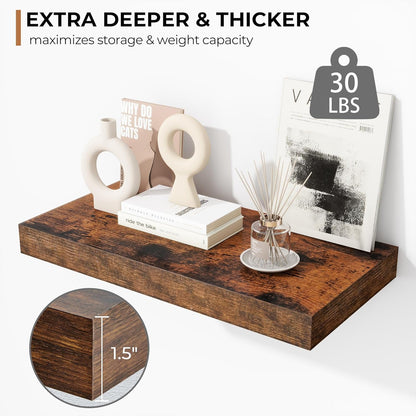 Fun Memories 16 Inch Floating Shelves - Deep Rustic Wooden Wall Shelves - Extra Deeper & Thicker