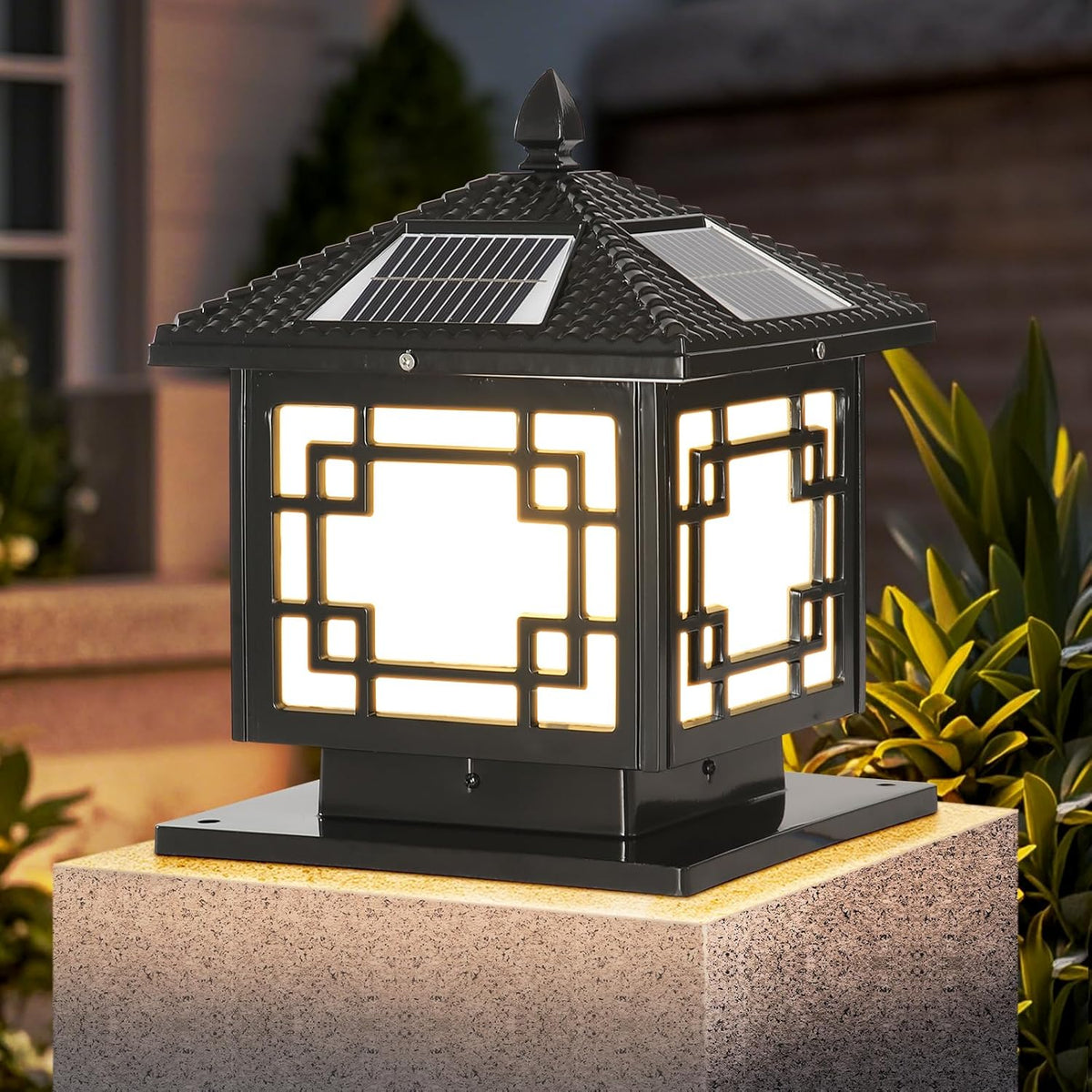 SLAWA 9.8In Solar Lighting Lantern Outdoor Post Caps Light with Solar Powered LED Column Lamp Black