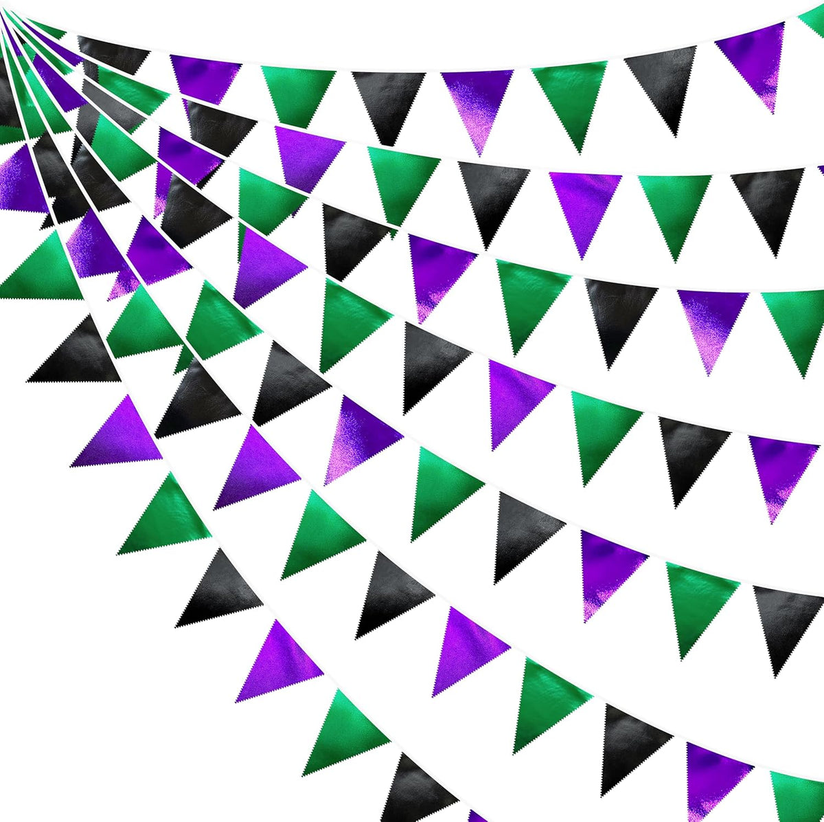 Black Purple Green Party Decorations Metallic Fabric Triangle Pennant Banner Flag Bunting for Boys
