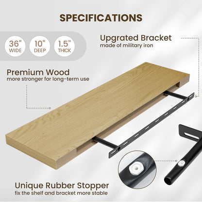 Fun Memories Floating Shelves for Wall 36 Inches, Wood Shelves with Invisible Bracket, 10" Deep