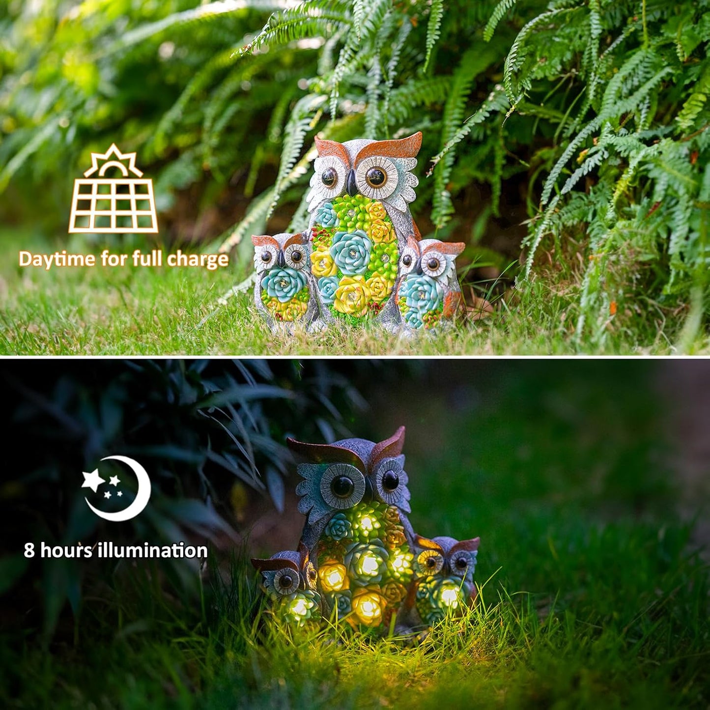 Solar Garden Statue Lights Owl Figurine with LED Lights, Outdoor Garden Succulent Ornaments