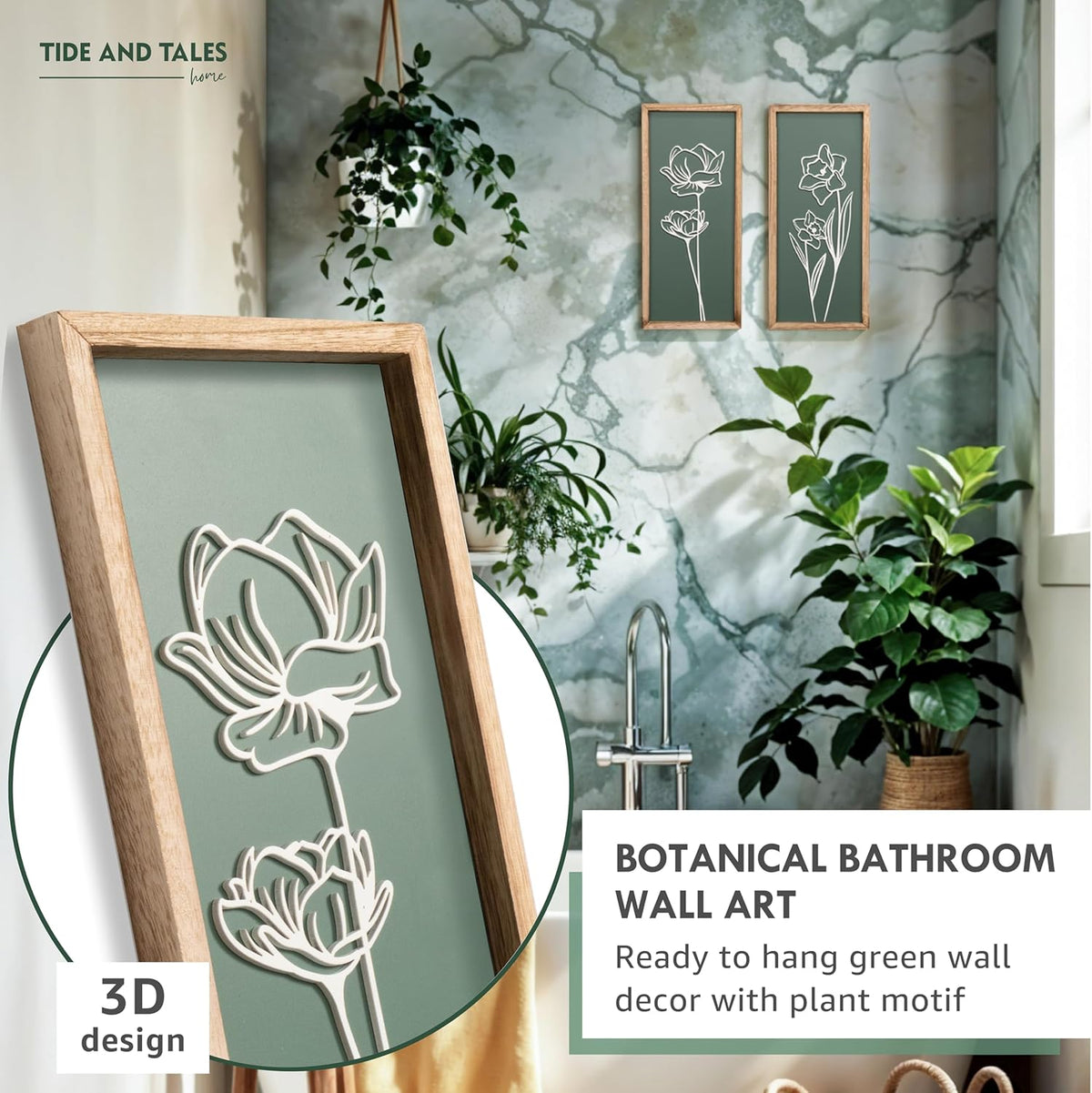 3D Floral Green Wall Art (Set of 2) Lightweight, Wooden Ready-to-Hang Boho Framed Wall Art for