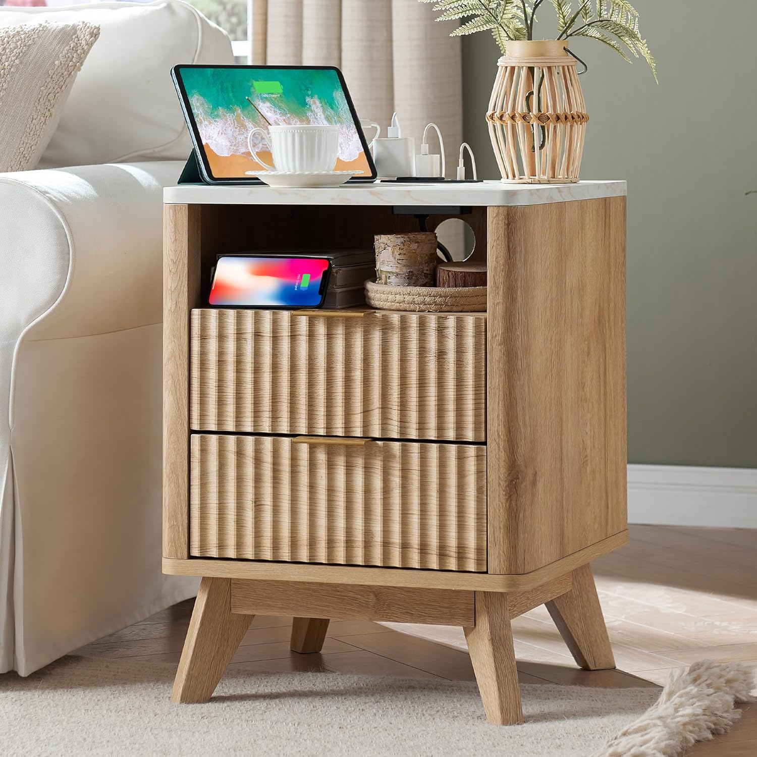 T4TREAM Fluted Nightstand with Charging Station, 18" Modern Side Table with Faux Marble Top, 2