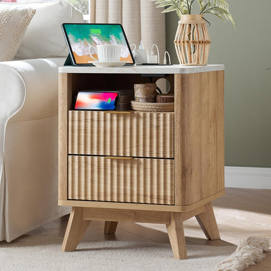 T4TREAM Fluted Nightstand with Charging Station, 18" Modern Side Table with Faux Marble Top, 2