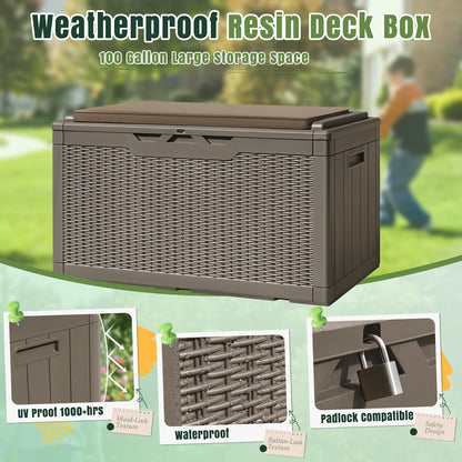 Greesum 100 Gallon Resin Deck Box Large Outdoor Storage with Cushions for Patio Furniture, Garden