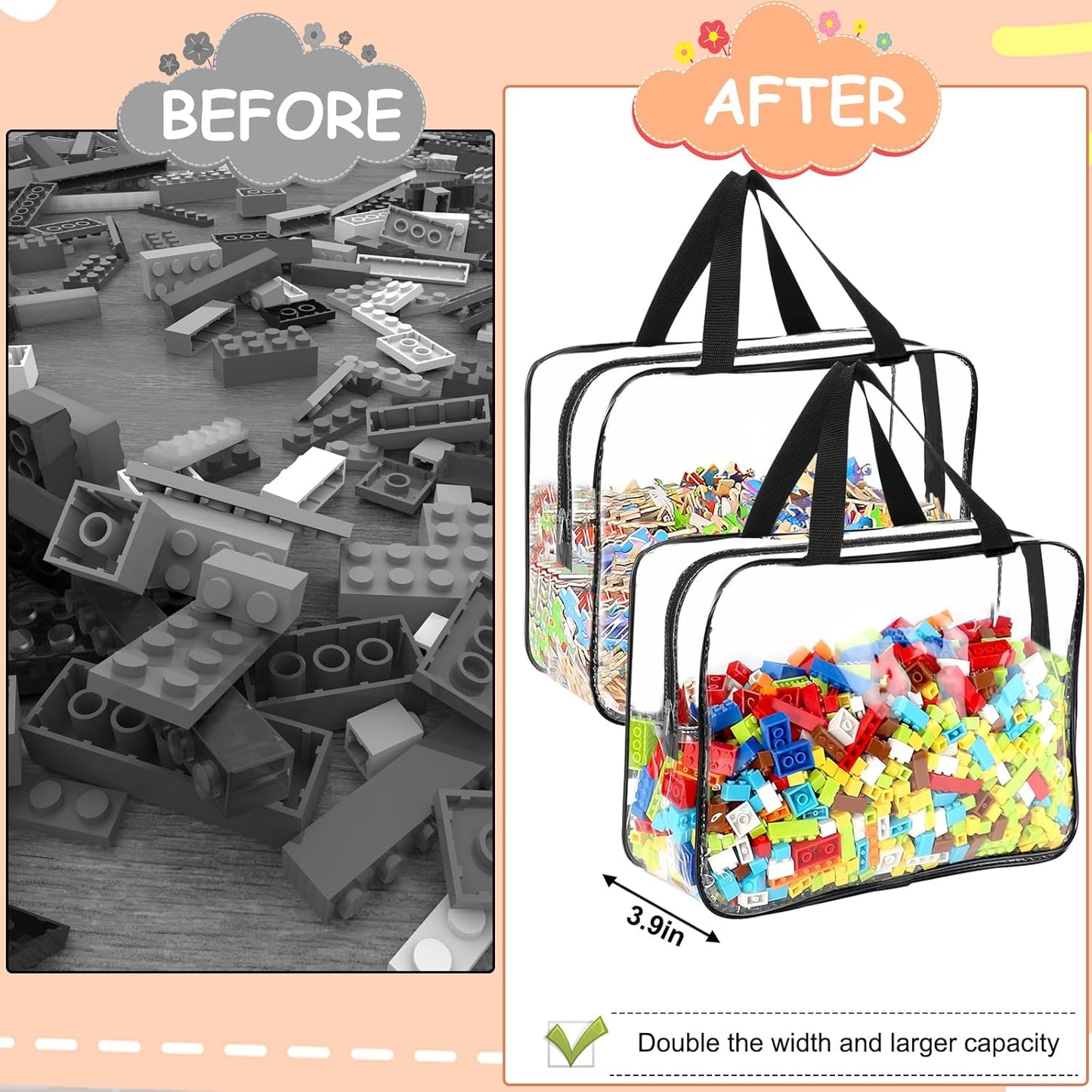6 Packs Large Toy Storage Bags with Labels, Reusable Clear PVC Board Game Storage, Travel