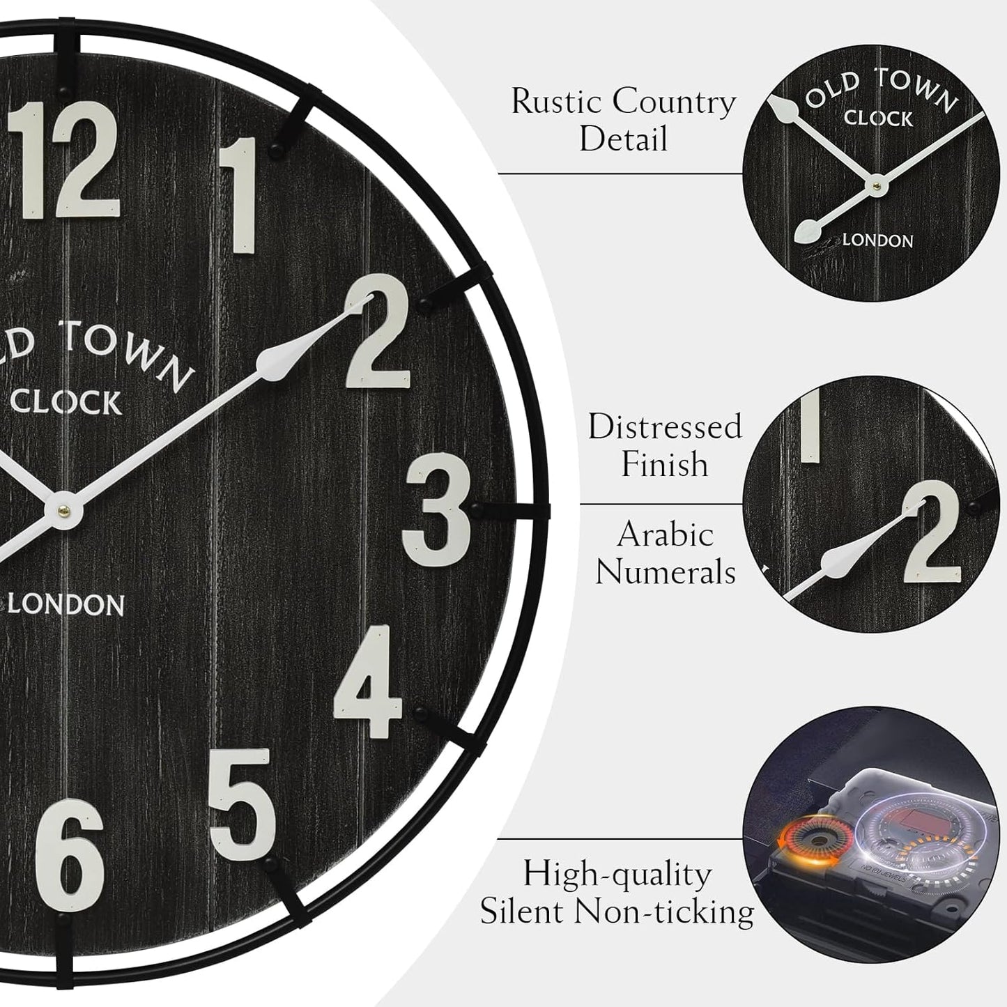 Large Old Town Farmhouse Wall Clock – 24 Inches Rustic Antique Wood with Metal Circle and Large