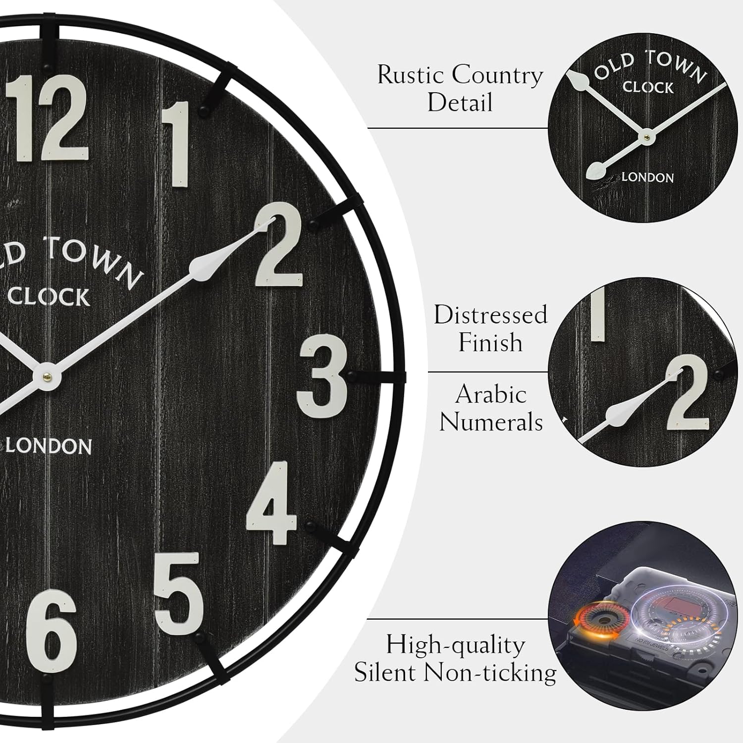 Large Old Town Farmhouse Wall Clock – 24 Inches Rustic Antique Wood with Metal Circle and Large