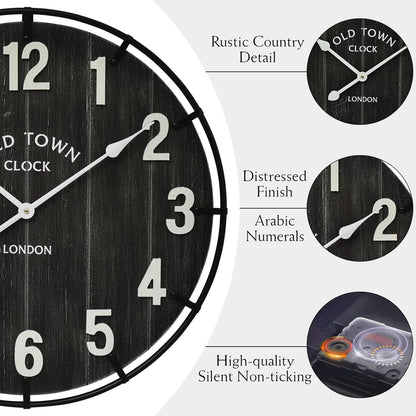 Large Old Town Farmhouse Wall Clock – 24 Inches Rustic Antique Wood with Metal Circle and Large