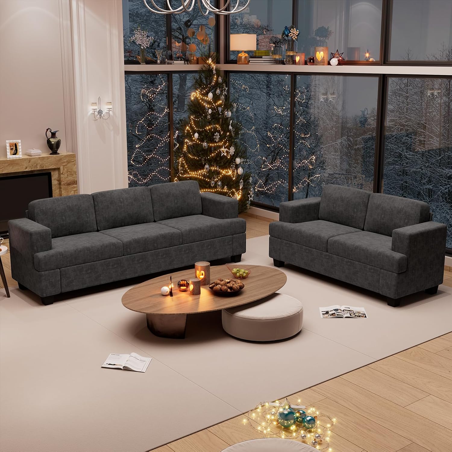 2 Piece Set Comfy Sofa Couch, 3 Seater & Loveseat Sofa with Deep Seats, Modern Sleeper Couch for