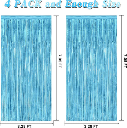 4 Pack Party Decorations, 3.28 FT x 7.05 FT Blue Foil Streamers, Metallic Sky Blue Backdrop Fringe
