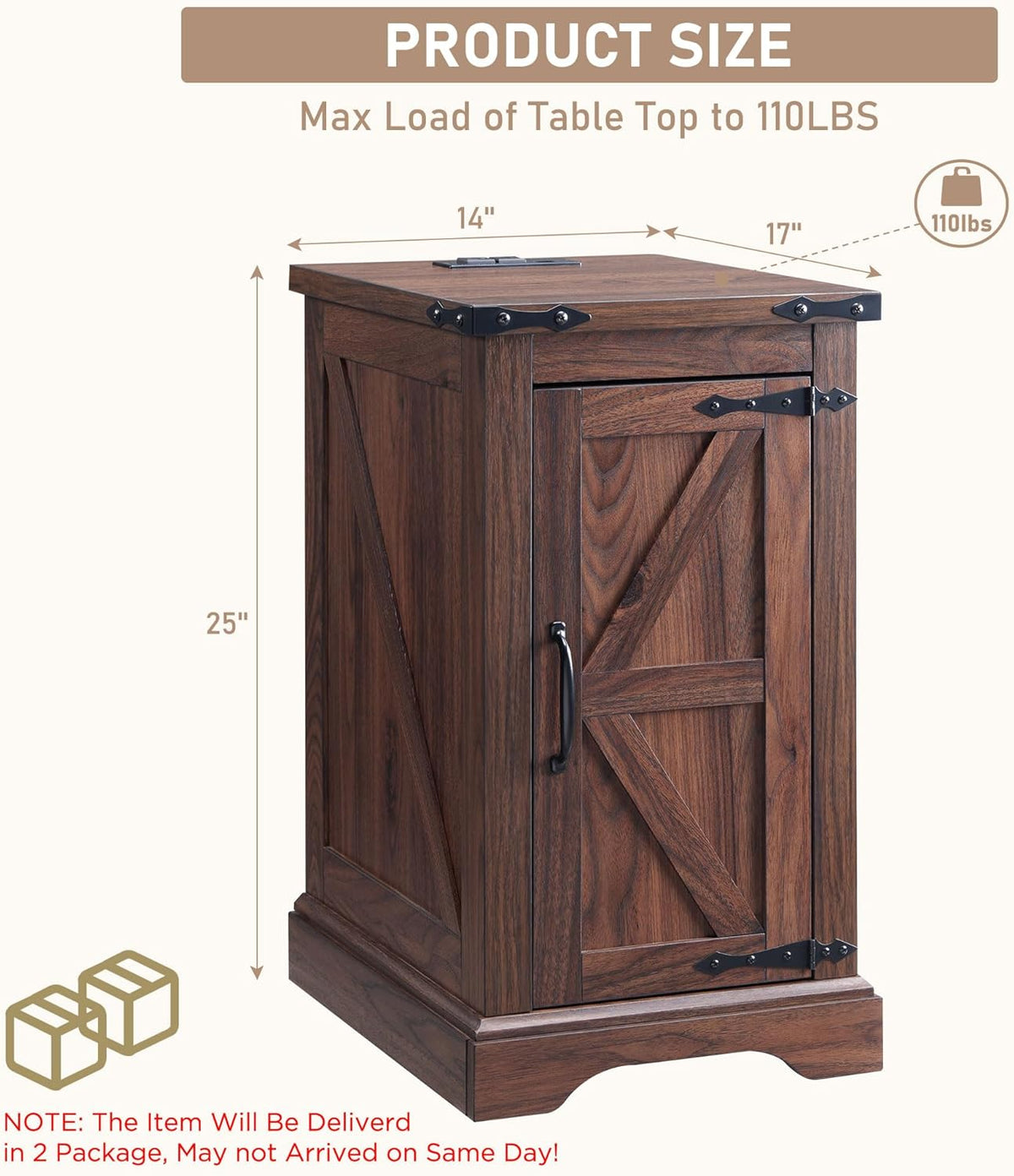 JXQTLINGMU Farmhouse Nightstand Set of 2 with Charging Station, 17" D Rectangular End Table with