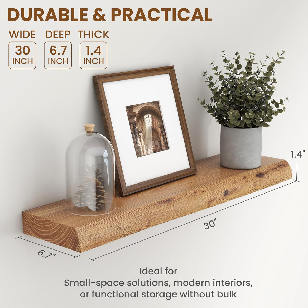 30" Floating Shelves, Live Edge Solid Elm Wood Floating Shelf, Wall Mounted Display Shelves with