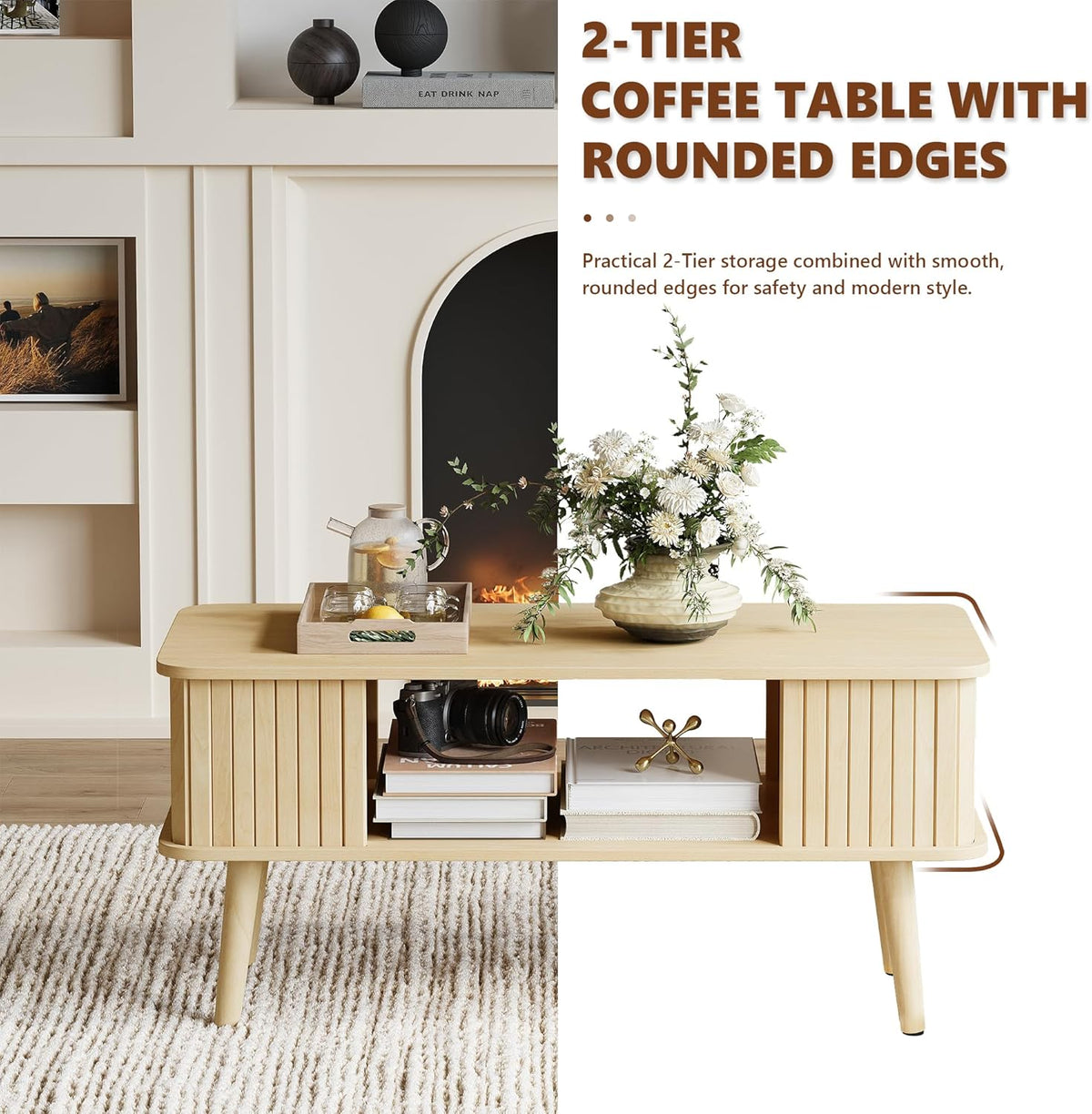 LAZZO Coffee Table with Storage Center Table for Living Room Rectangle Coffee Table with Rounded
