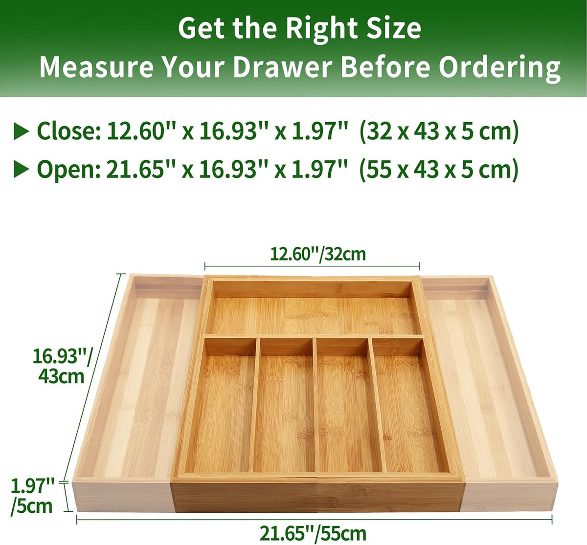 VaeFae Premium Bamboo Drawer Organizer, Expandable Silverware Drawer Organizer, Cutlery Tray with