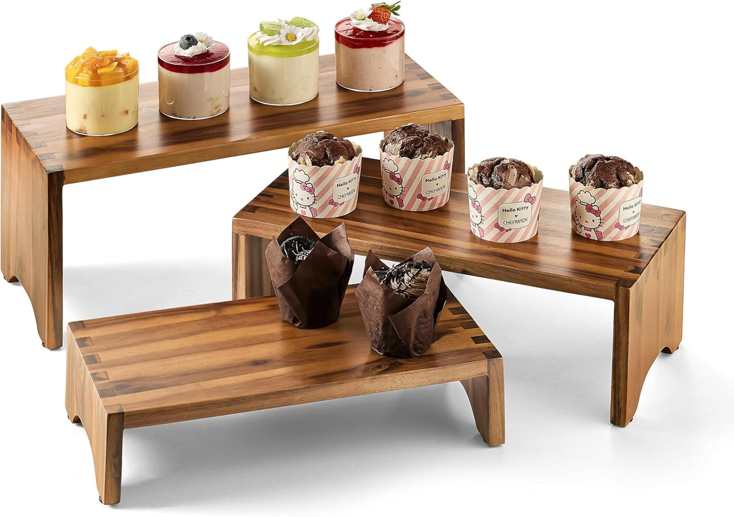 Acacia Wood Risers Display Stands Set of 3 - Wooden 3 Tier Cupcake Stand - 3 Tiered Riser for