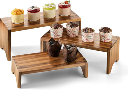 Acacia Wood Risers Display Stands Set of 3 - Wooden 3 Tier Cupcake Stand - 3 Tiered Riser for