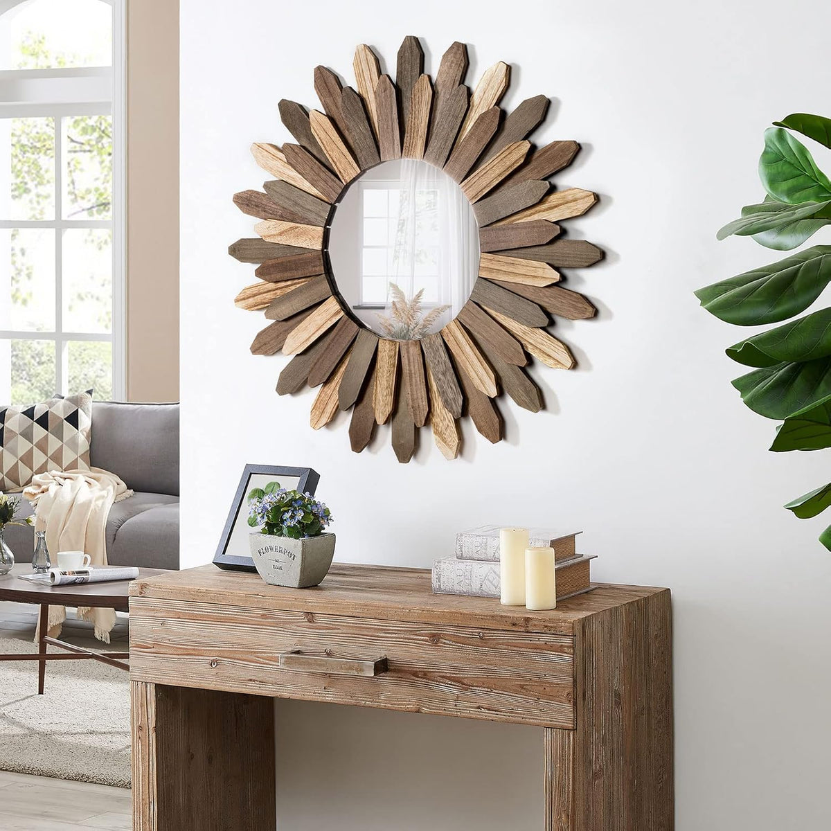Honiway Boho Wall Decor 21 inch Wall Mirror Rustic Wood Decorative Mirror for Room Decor Rustic