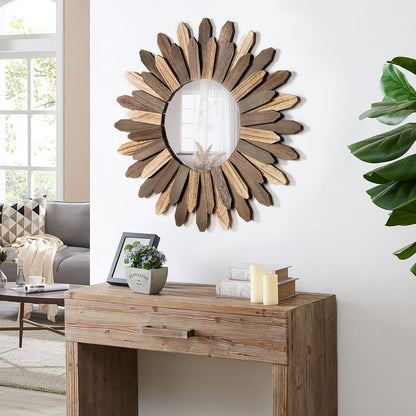 Honiway Boho Wall Decor 21 inch Wall Mirror Rustic Wood Decorative Mirror for Room Decor Rustic