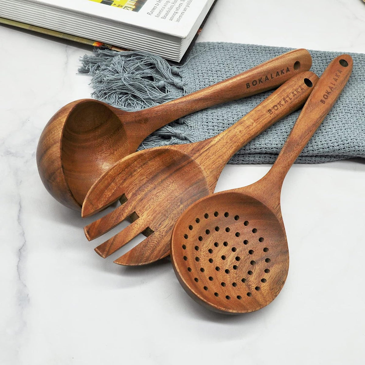 GreyWooden Kitchen Utensil Set, 6Pcs Wooden Cooking Utensils for Non-Stick Pan, 100% Natural Teak